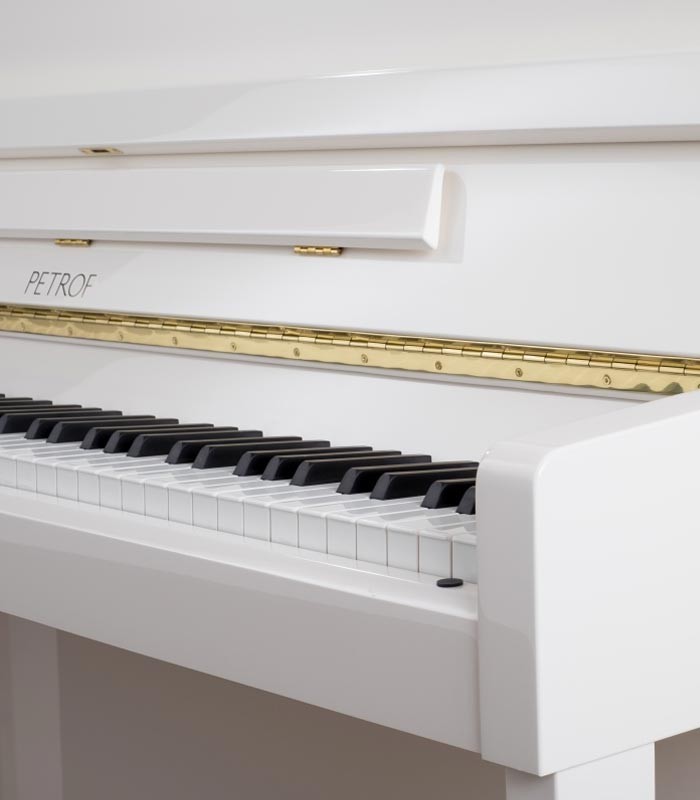 Photo detail of the keyboard and logo of the Upright Piano Petrof P125 M1