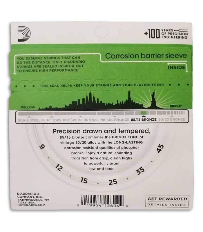 Back cover of the packet for String set Daddario EZ890 009 