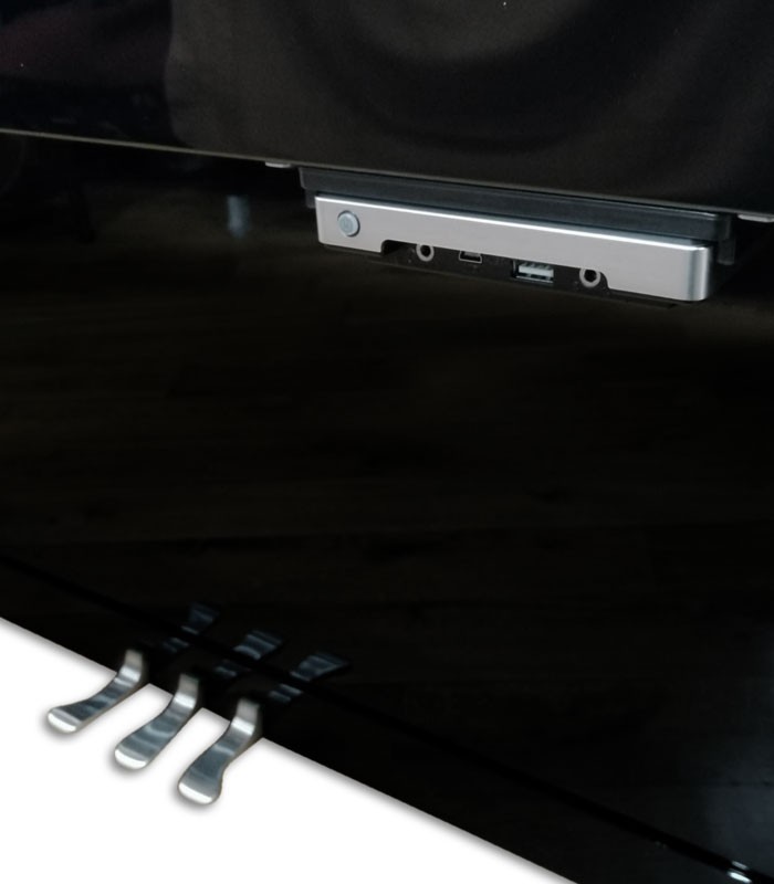 Photo of the pedals and the silent system retracted of the Ritmuller Upright Piano AEU118S PE Silent Classic