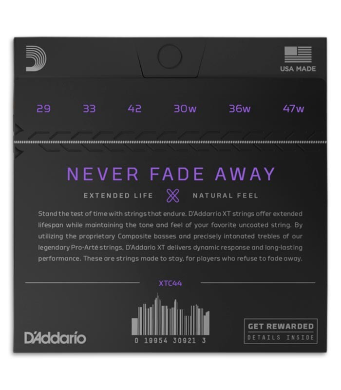 Photo of the backcover of the package of the String Set Daddario XTC44 Classical Guitar Extra Hard Tension