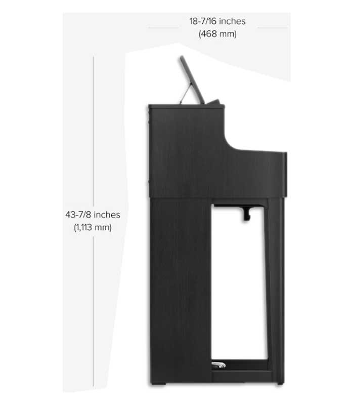 Photo of the Digital Piano Roland HP-704 with measurements, 1.113 mm of height including the Sheet stand and 468 mm of depth