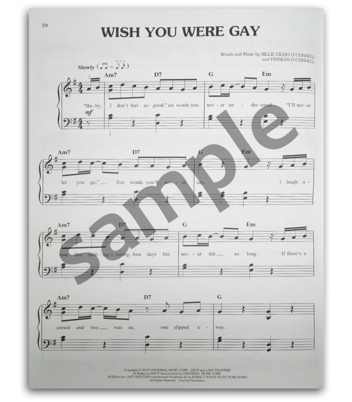 Photo of a sample from the Billie Eilish When We All Fall Asleep, Where Do We Go? for Easy Piano's book