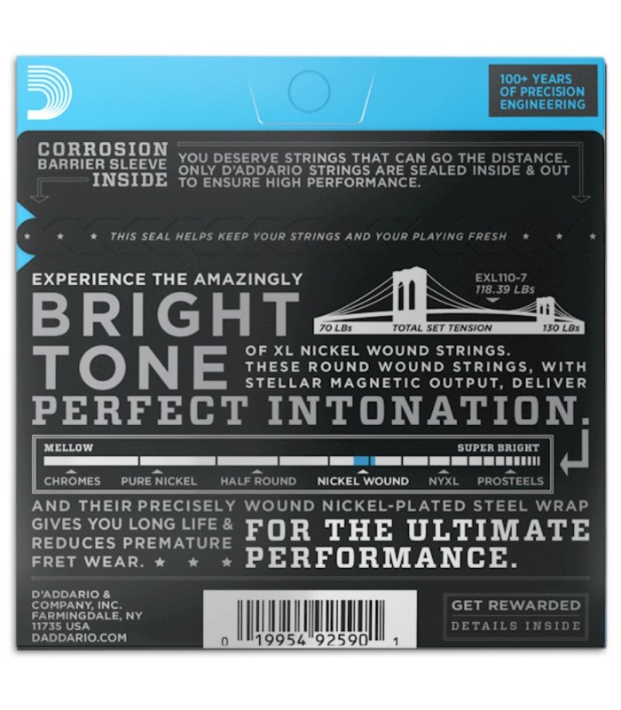 Photo of the String Set Daddário model EXL110-7's package backcover