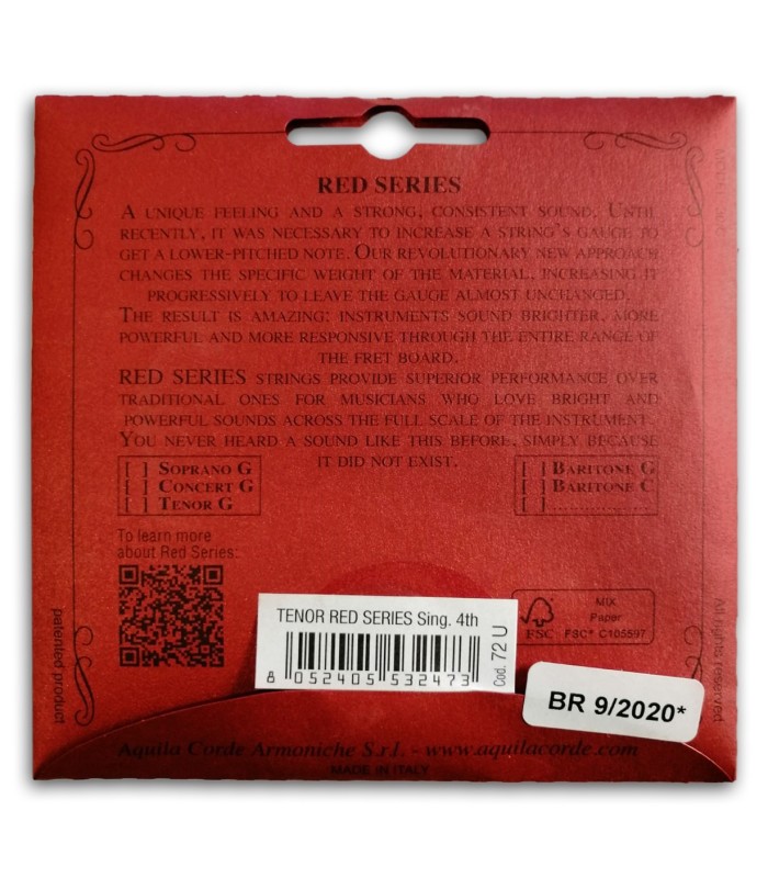 Photo of the Single String Aquila model 72-U Red Series Low G for Tenor Ukulele's package backcover