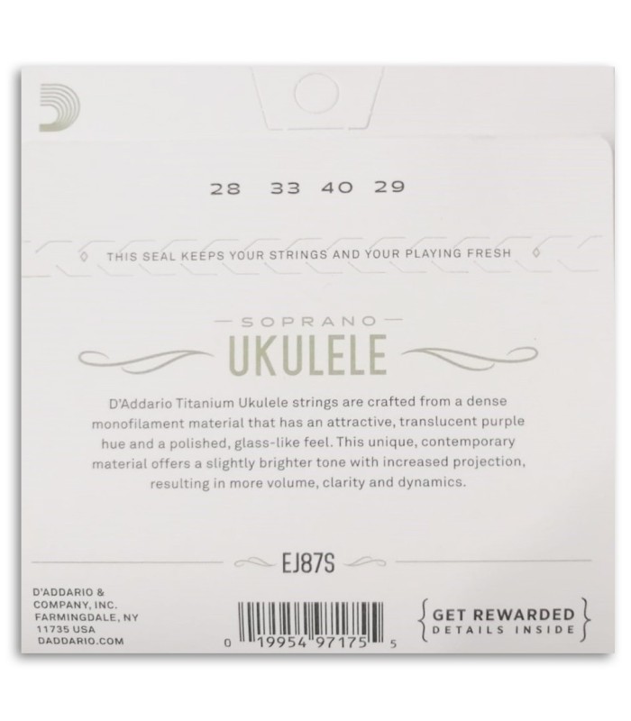 Photo of the String Set DAddario model EJ87S for Soprano Ukulele's package backcover