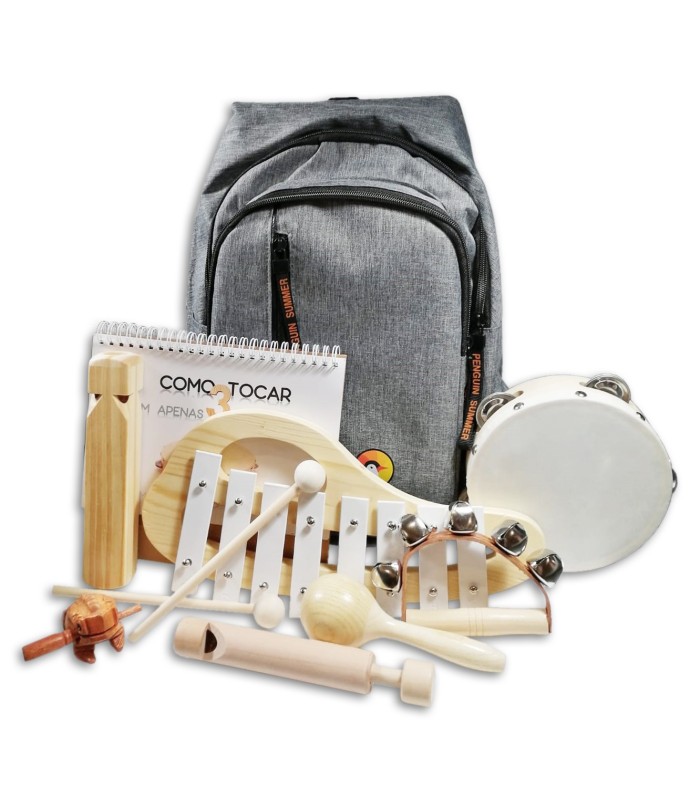Photo of the backpack and of the 7 musical instruments from the Percussion Kit Penguin Children with 7 Pieces