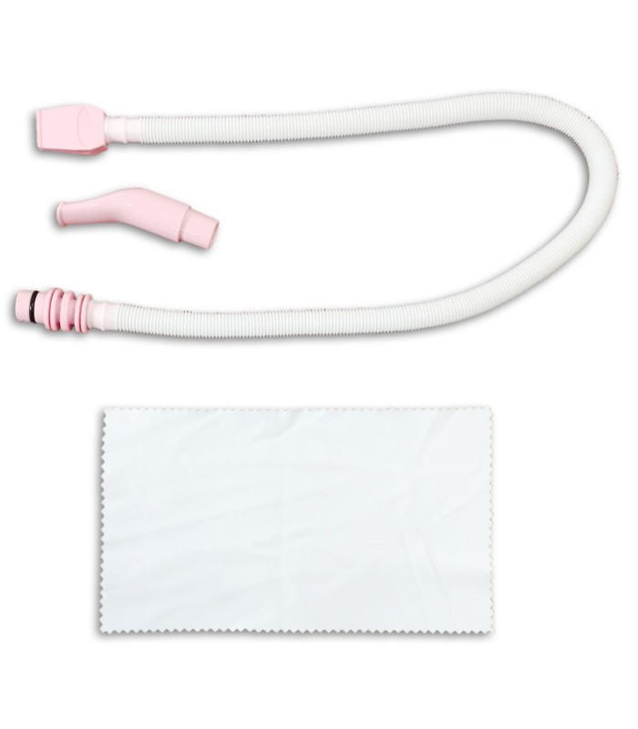 Photo of the Melodica Record model M-37PK's blowing tube, mouthpiece and cleaning cloth