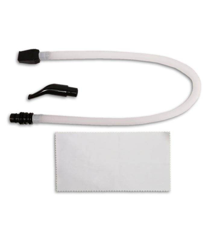 Photo of the Melodica Record model M-37RD's blowing tube, mouthpiece and cleaning cloth