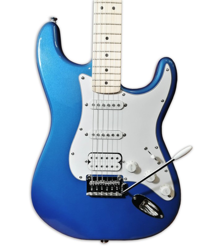 Photo of the guitar's top and pickups that come in the pack Fender Squier model Aff Strat HSS LPB amplifier 15G accessor