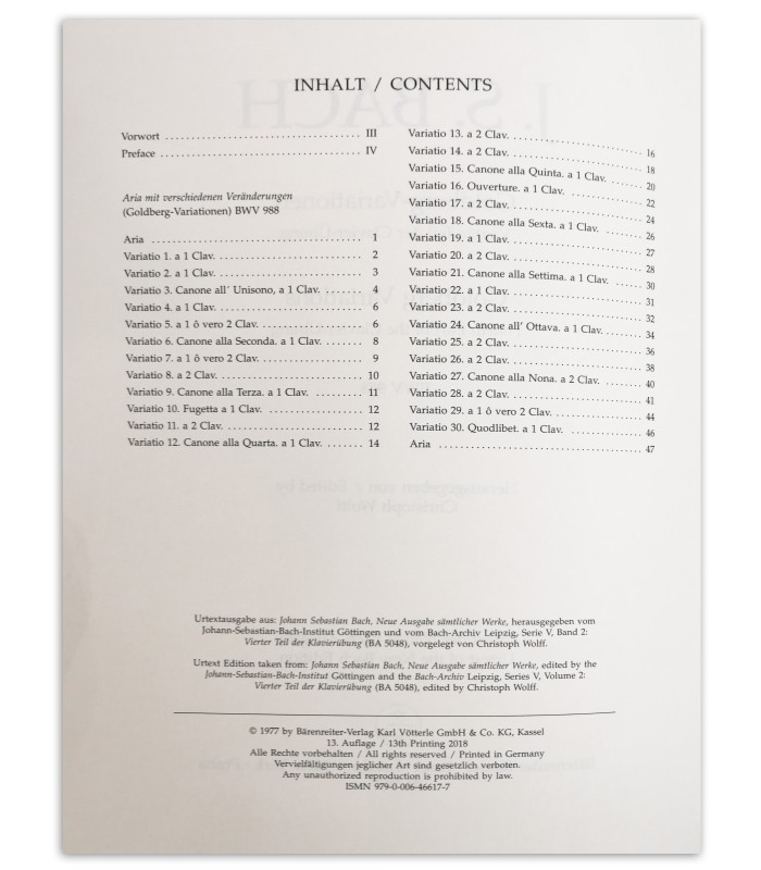 Photo of the Bach Goldberg variationen BWV 988's book index