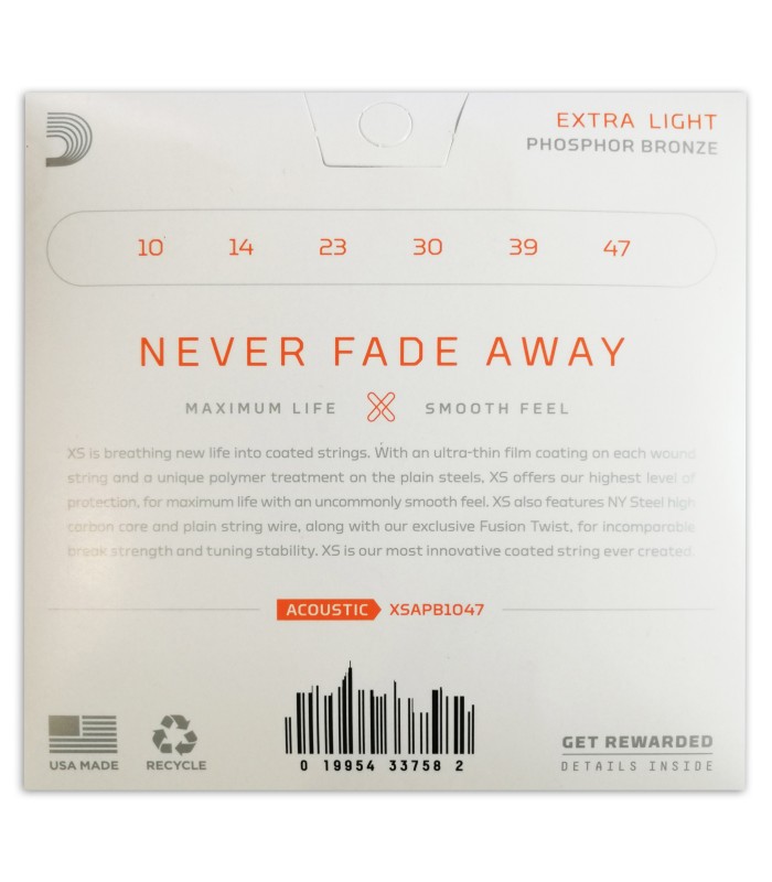 Backcover of the package of the string set DAddario model XSAPB1047 010 for acoustic guitar