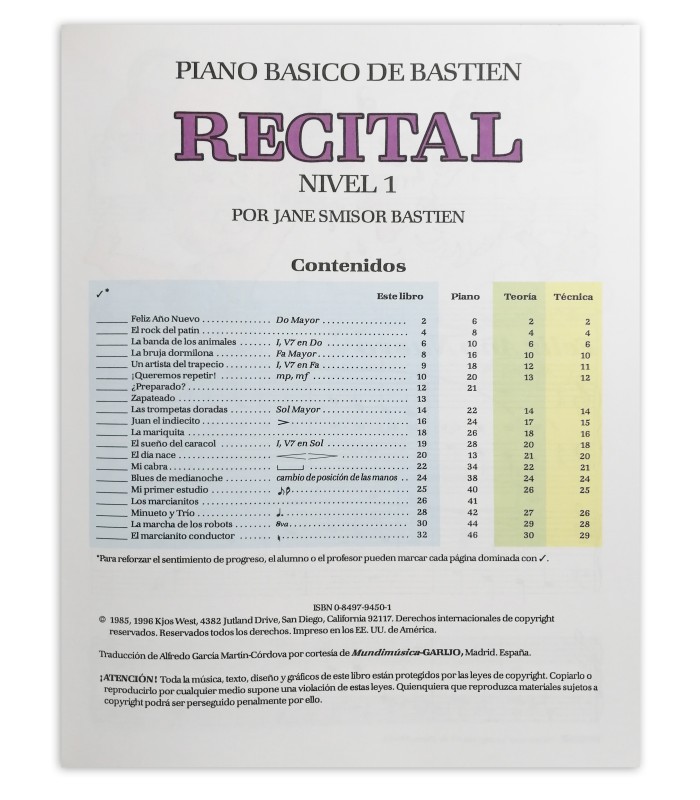 Bastien Piano Básico Recital Nível 1 book's table of contents