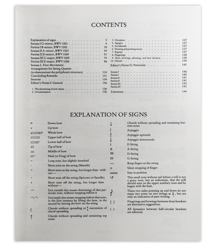Bach sonaten und partiten for violin solo BWV 1001 1006 Peters book's table of contents