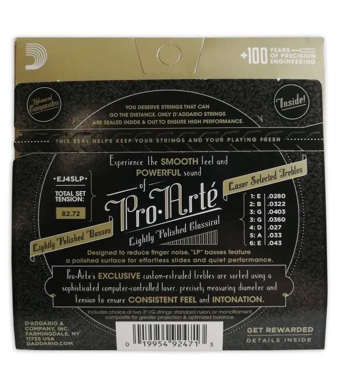 String set Daddario model EJ45LP nylon lightly polished for classical guitar's backcover