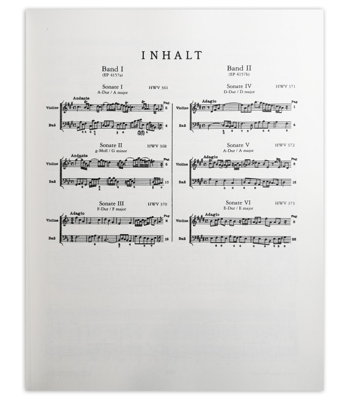 Handel Sonatas HWV361 368 370 Peters's book table of contents
