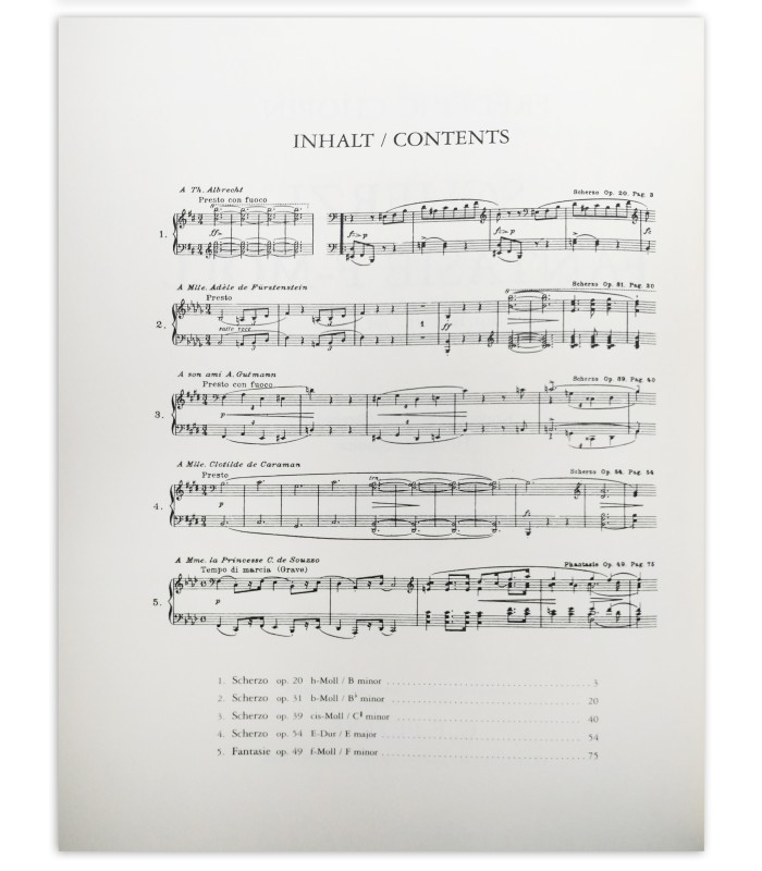 Chopin Scherzos and Fantaiesie in F Minor for Piano Peters's book table of contents