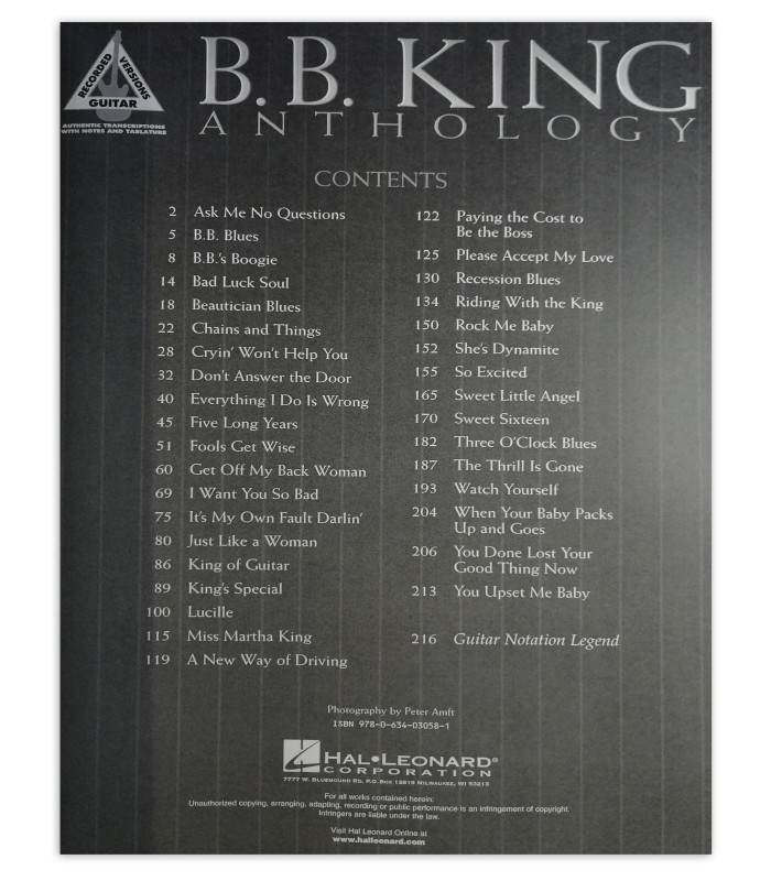 BB King Anthology HL book's table of contents