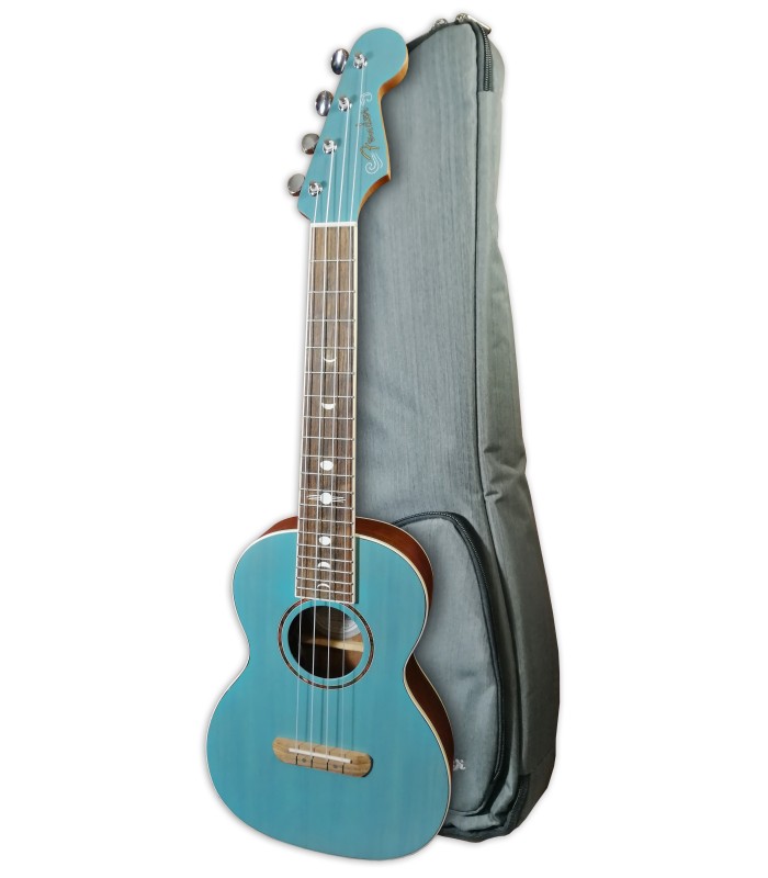 Photo of the tenor ukulele model Fender model Dhani Harrisson Turquoise with bag