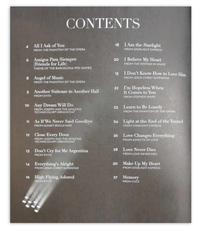 The Songs of  Andrew Lloyd Webber for Cello's book index 1rst page