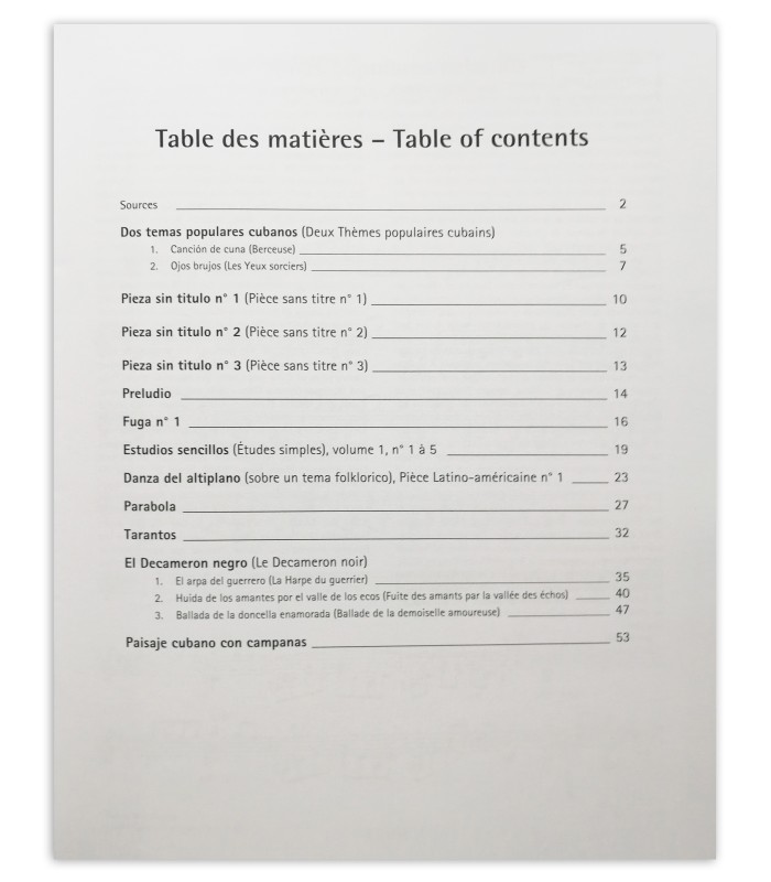 Leo Brouwer en dix-neuf morceaux pour Guitare book table of contents