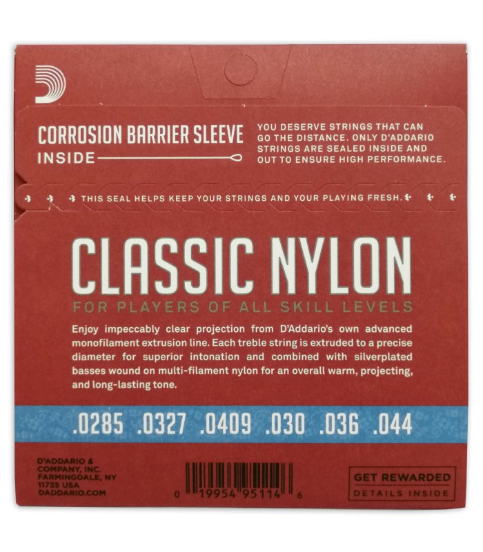 Package backcover of the classical guitar string set Daddario EJ27H nylon high tension