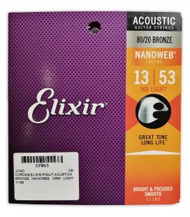 String Set Elixir 11182 Acoustic Guitar Bronze Nanoweb HD Light 011 53
