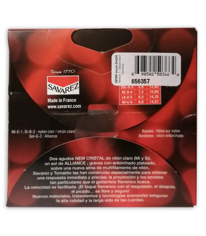 Package backcover of the string set Savarez model T50R Tomatito medium tension