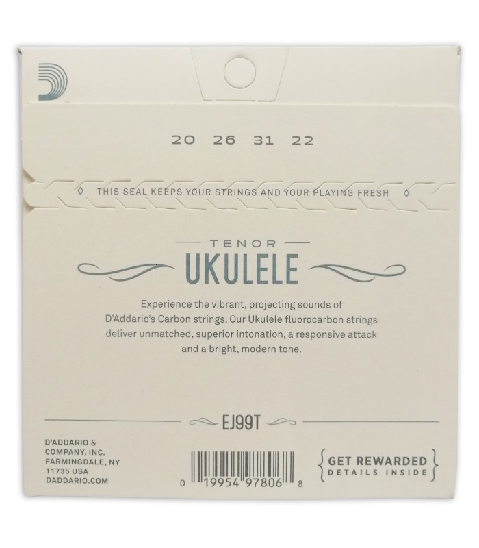 Package backcover of the string set Daddario model EJ99T Carbon for tenor ukulele