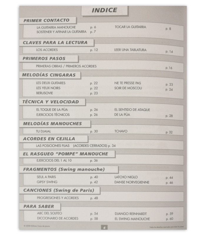 Book table of contents of Método de Guitarra Manouche S Daussat D Roux