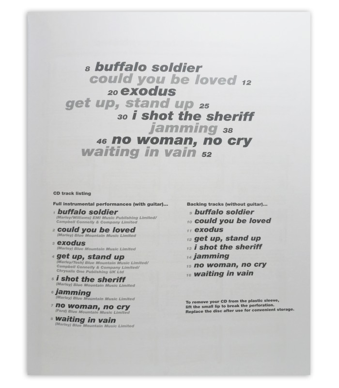 Table of contents of the book Play Guitar with Bob Marley Book CD AM937739