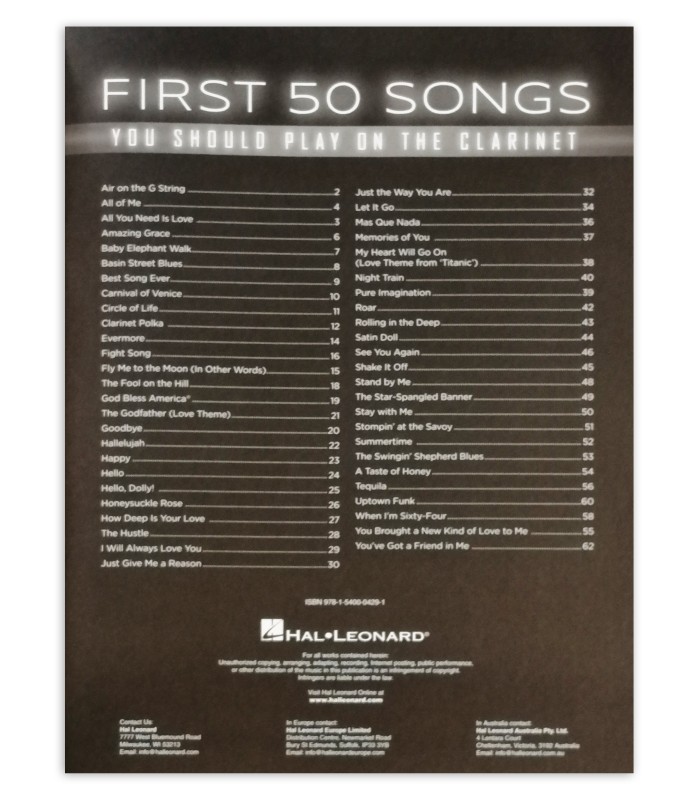 First 50 Songs You Should Play on Clarinet book table of contents