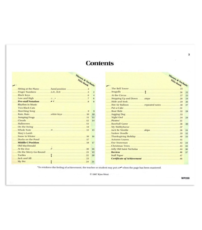 Bastien Piano for the Young Beginner Primer A WP230 book's table of contents