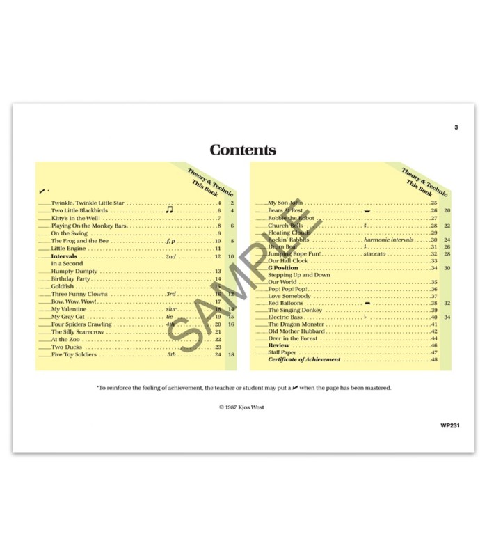 Bastien Piano for the Young Beginner Primer B WP231 book's table of contents