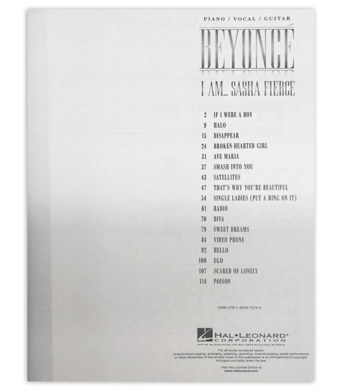 Beyoncé I Am...Sasha Fierce HL book's table of contents