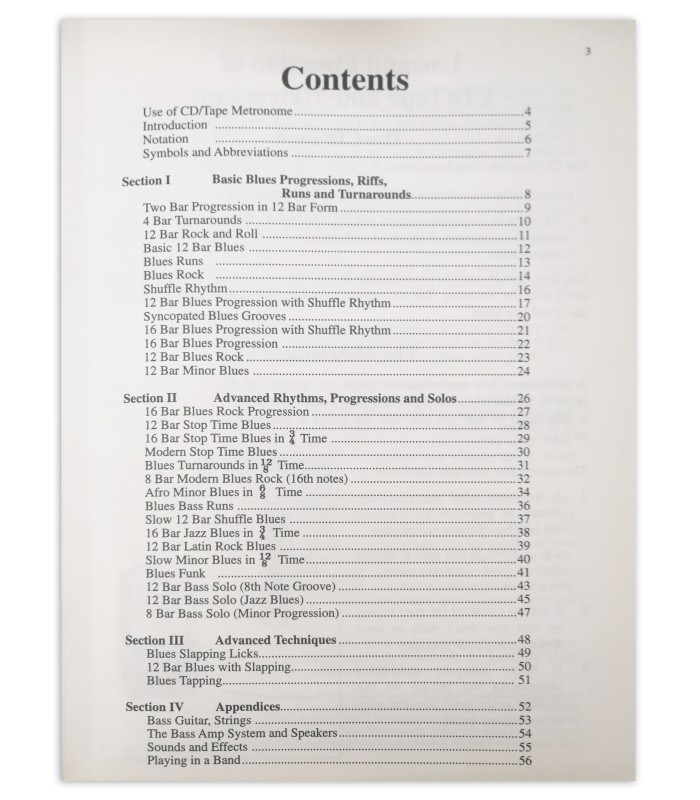 Blues Bass Licks book's table of contents