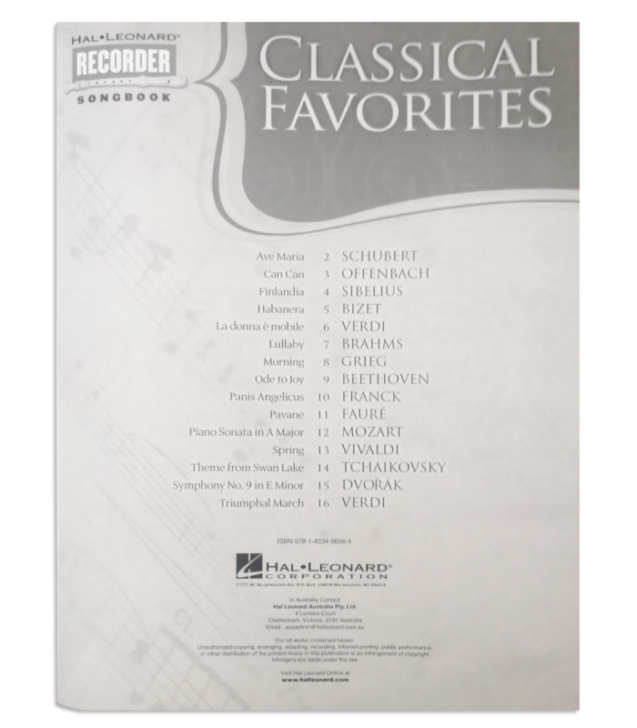 Table of contents of the book Classical Favorites for Recorder