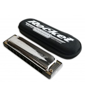 Photo of the harmonica Hohner model Rocket Harp in B with its case