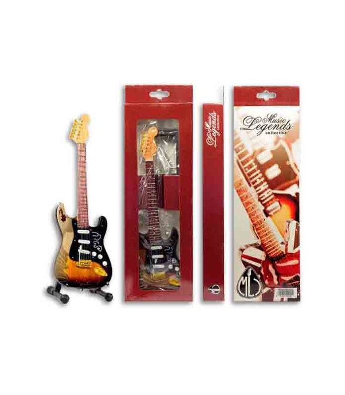 Picture of a miniature electric guitar on the stand and packaging