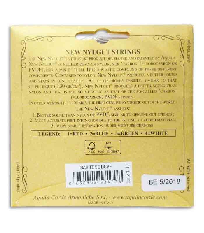 Back photo of string set Aquila 21U for Baritone Ukulele